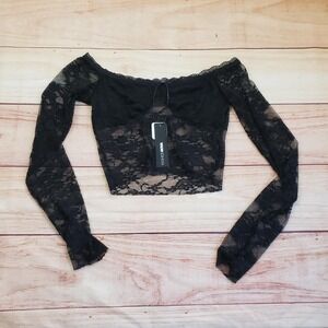 Fashion‎ Nova Shirt Womens Medium Black Lace Off Shoulder Crop Adryana TS1994PD